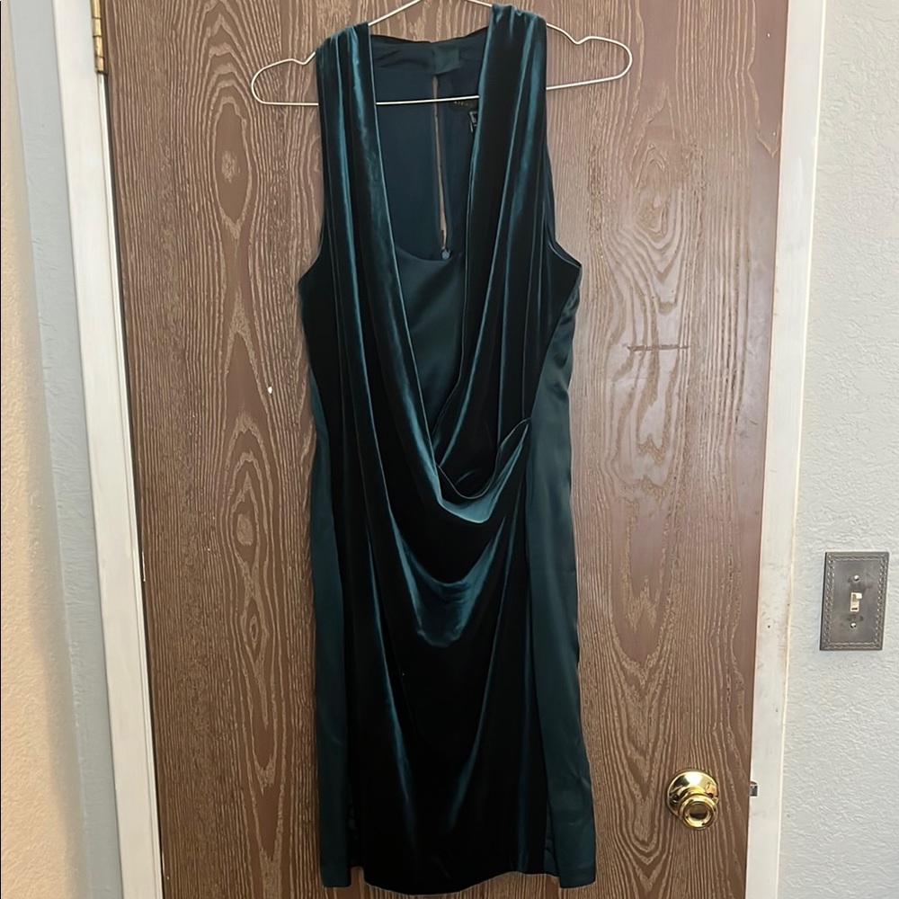 Aidan Mattox Green Asymmetrical Ruched Sheath Dress
